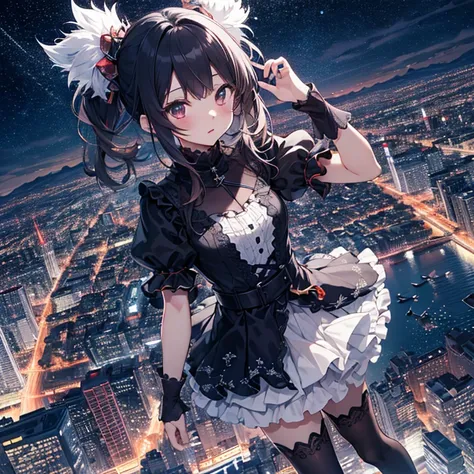 ultra detailed game CG, (High resolution:1.1),(absurderes:1.1), 1girl in, , Solo, Simple Anime, nightcity, Overlooking the night view from a height