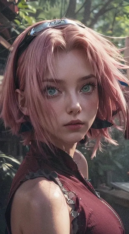 young woman, short shoulder-length pink hair, wide forehead, porcelain skin, pink eyebrows, big emerald green eyes, buttoned nose, full lips, heart-shaped face, slender body, small breasts, red tank top, Sakura Haruno , realistic, realism, details, 3d, wel...