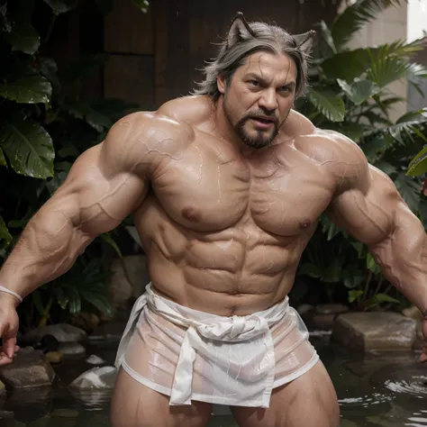 Furry male grey Wolf, Law（sdorica）, muscular, Strong build, muscular male, furry, wolf boy, White beard, A thin white beard, by null-ghost, Wearing a Japanese loincloth on the lower body, Full of manliness, The whole body is wet, The upper body is wearing ...