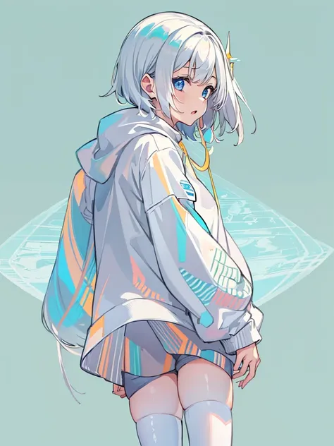 1 person girl、pleochroism、A loose-fitting jersey-style long hoodie in holographic colors、Ribbed knit cuffs and hem、Vtuber whole body、Milky white short hair、Standing figure facing the viewer、Simple Background、highest quality、Masterpiece、Official Art、8K、