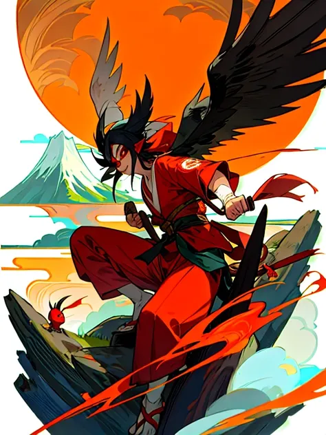 Tengu, Tengu is a supernatural being from Japanese folklore and mythology. Tengu are primarily associated with mountains and forests, and they are often depicted as human-like creatures with distinctive red faces and long noses. Some depictions also show t...