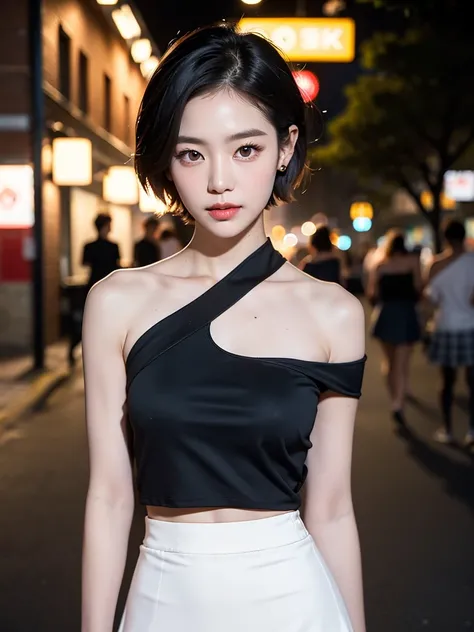 (1 cute Korean star), ((Best quality, 8k, Masterpiece: 1.3)), Focus: 1.2, Perfect Body Beauty: 1.4, (night, Street:1.3), Highly detailed face and skin texture, Fine eyes, Double eyelids, Whitened skin, (Layered short hair: 1.3), (Single shoulder skirt: 1.6...