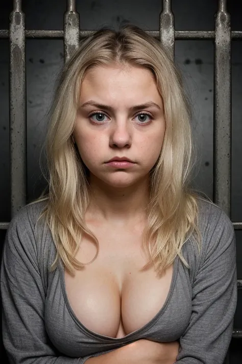 super cute 20 yo woman in a dark theme, cleavage, worried expression, gray pajamas, blonde hair. Prison background. Bars