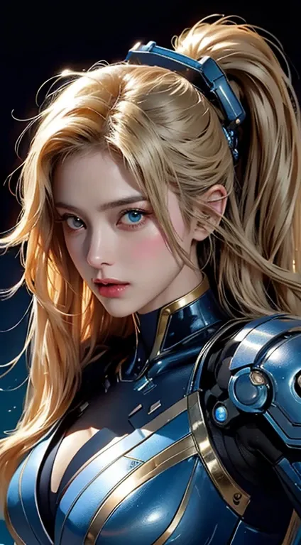 Realistic 8K.,high resolution, bright reflection,1 woman, alone, hips up, ,(detailed face), blonde hair long hair, Mecha Musume, mechanical parts, robot joint, single mechanical arm, Mechanical radius, Dressed in blue and gold. Bikinis with lots of neon li...