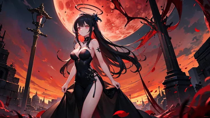 individual，masterpiece, Top quality, Very detailed, Unity 8K Wallpaper，Standing，Lean forward，Big breasts，Black long hair，Girl，Black Strapless Lace High Slit Wedding Dress，Blood-red thorn halo，Long back pendulum，Blood-colored pupils，Blood，Blood Moon