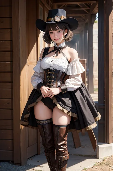 (masterpiece, best quality:1.1), (8k, best quality, masterpiece, ultra highres, ultra-detailed:1.2),a girl,cute,16yo,baby face,height small,steampunk fashion,gothic Steampunk hat,goggle,corset jumper skirt(brown)bare shoulder,platform cowboy-boots,
BREAK,
...