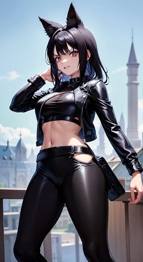 beautiful young female warrior fighter with cat ears on her head, com rosto bem detalhado e bonito, belos olhos, belos olhos, rosto lindo, beautiful young woman wearing long black leggings with black details, mini saia curta, usando jaqueta de couro preta,...