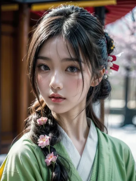 masterpiece, Best quality, (photorealistic:1.4), 8K, raw photo, ultra high resolution, extremely detailed eyes and face, slim, skinny, I look at the viewer, kimono, Temple, sakura, winter, snowfall, portrait, girl (black hair, Shy, Cute, hairclip)