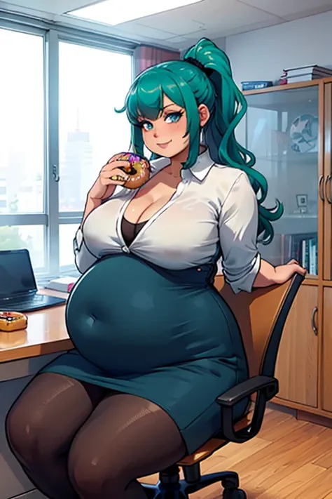 high_aesthetic, art by BetterWithSalt, 1girl, (aqua blue hair), long wavy hair, hair up, blue eyes, black pencil skirt, dress shirt, cleavage, black tights, happy expression, (((ussbbw))), (stuffed_belly), ((holding donut)), sitting in office, leaning back...