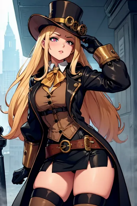 female, blonde long hair, pink eyes, (((1girl))), (((black steampunk coat))), (white shirt), (black gloves), (gold vest), (black knee length skirt), (brown tights), (black knee high steampunk boots), cute and sexy, large breasts, large butt, full body, lon...