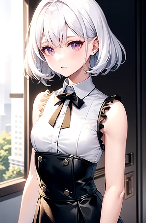 highest quality, Ultra-high resolution, One girl, Sleeveless white button-up shirt, Black Skirt, Black Choker, cute, (K-Pop Idols), (Charming monkey:1), (Platinum Blonde Hair:1), ((Puffy eyes)), View your viewers, whole body, Look forward