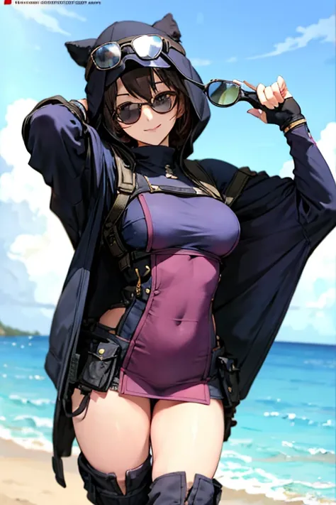 anime girl risque outfit yet cover skin, posing for photoshoot, masterpiece, best quality, high quality, wearing sunglasses near nose, one eye open, smiling
