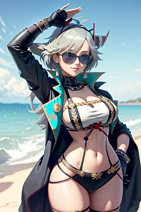 anime girl risque outfit yet cover skin, posing for photoshoot, masterpiece, best quality, high quality, wearing sunglasses near nose, one eye open, smiling
