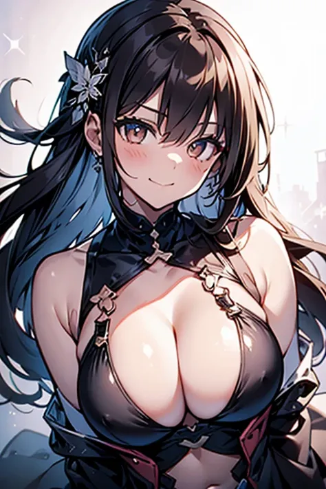 a 17yo girl, (kawaii,cute:1.1),(detailed beautiful face:1.3),(detailed beautiful brown eyes),big tits, cleavage,Beautiful lighting,face light、(Close-up light on chest:1.3)、anime girl risque outfit yet cover skin, posing for photoshoot, masterpiece, best qu...