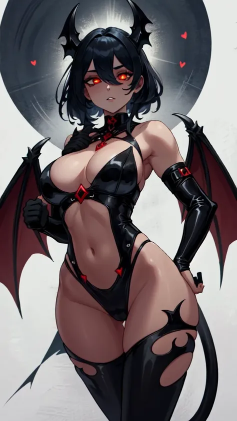 A sexy but cute and drop dead beautiful succubus with a body that could entice any man or woman, her dark skin and glowing eyes are her most striking features, her outfit is devilish but leaves just enough to the imagination, she has a beautiful pair of ba...