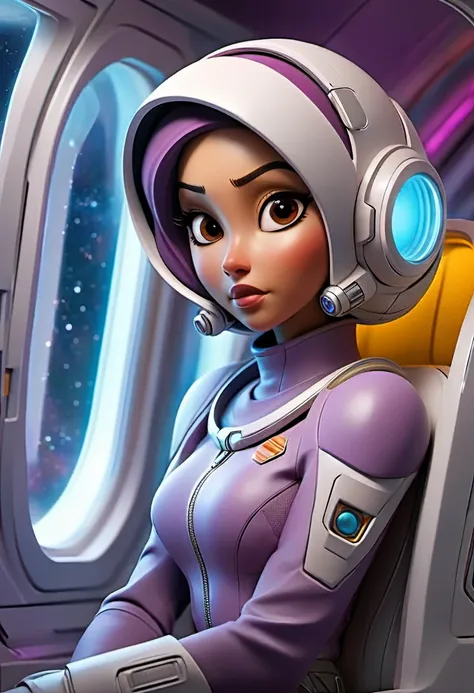 A busty woman, aged 40, from Malaysia, wearing a sexy space micro bikini with a hijab covering her hair, is looking out of a window on her spaceship. The window overlooks a blurred motion of the outside, indicating a high-speed interstellar journey. The wo...