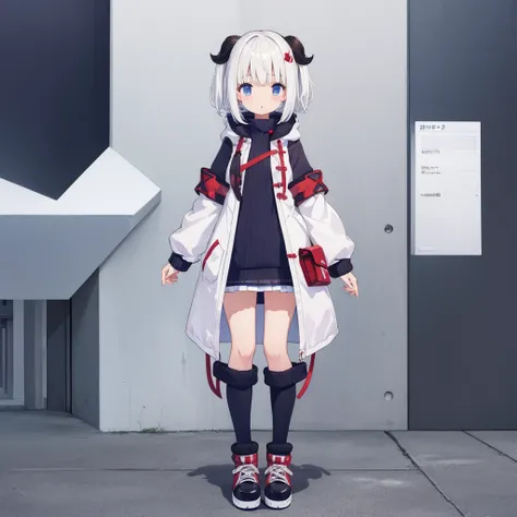 1girl、Jersey-style long parka、Rib knit cuffs and hem、vtuber-fullbody、Milky white short hair、