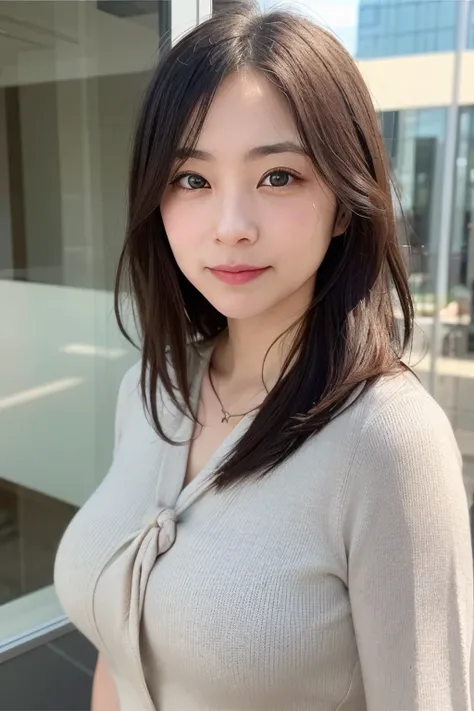 One girl, Mature Woman, Best, bow, photograph, Realistic, highest quality, employment, Detailed face, office, Building seen from the window, Detailed Background, Diffused sunlight, Depth of written boundary, Bokeh、Japanese face、A face that appeals to Japan...