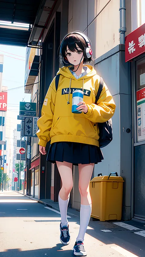 (masterpiece), (highest quality:1.4), (Ultra-high resolution:1.2),  Highly detailed background, (unity 8k wallpaper), Cute high school girl wearing headphones walking through the streets of Tokyo。Illustrations inspired by city pop culture、、Wear loose socks...