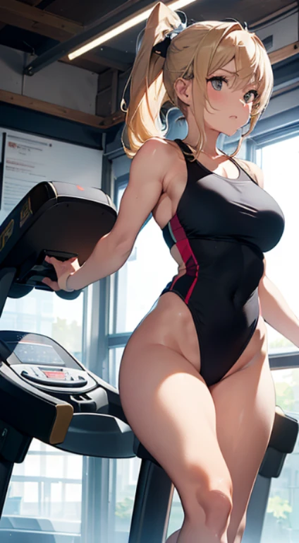 (Blonde girl, ((masuter piece, Best Quality, High resolution))), long ponytail, ((Wearing a silk leotard with a fit that accentuates her figure))), In the gym, ((On a modern treadmill with various settings and readouts)), Expression of determination, Motiv...