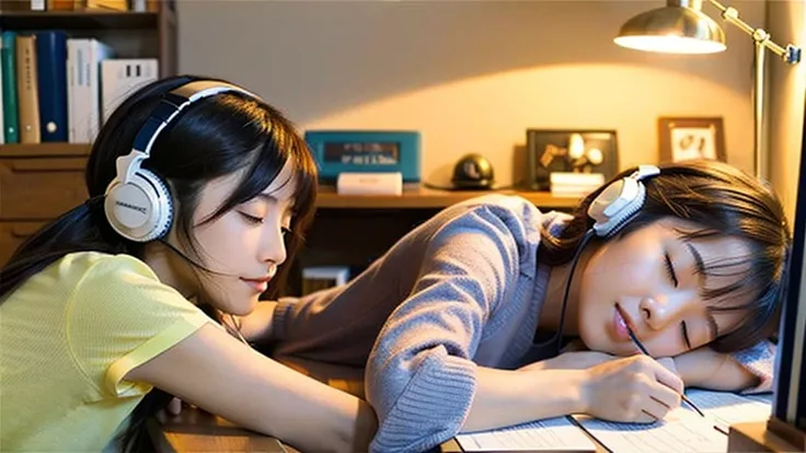 A cute Japanese girl studying or working at her desk、relax、night、Real、focusing、Gentle feeling、wearing headphones、Side view、LO-FI photos、窓の質はnightの街、2 a.m.、Kitten sleeping、