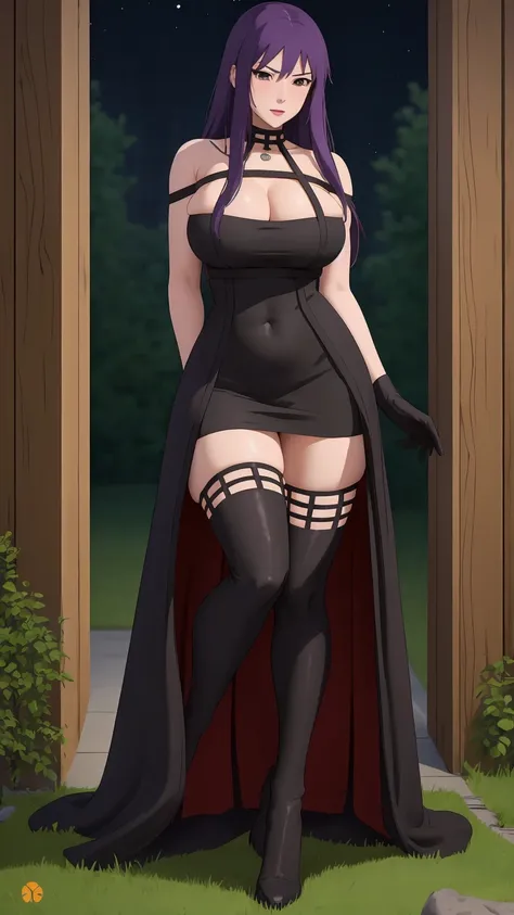 masterpiece, best quality, extremely detail 8k cg, high resolution, 1girl, yuugao, solo, purple hair, long hair, sidelocks, brown eyes, perfect eyes, slim body, huge breasts, bursting breasts, standing, black dress, black thighhighs, black gloves, seductiv...