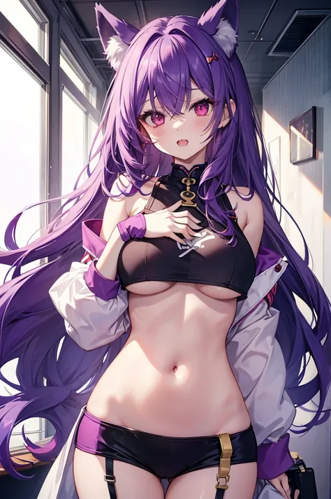 Fox Girl, Large Breasts, Voluminous purple hair, masterpiece , Red eyes, hd, Head to Chest, buried in my chest、Underboob、Double teeth、tooth、crop tops