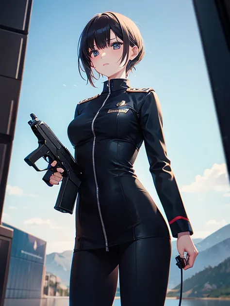 woman　slender　Slender　Small waist　Medium chest　uniform　uniform　Completely naked　Half naked　Light clothing　Handgun　Huge vibrator　Giant　２Ding Pistol　Backwards　Landscape　Prone　Huge vibrator　Giant