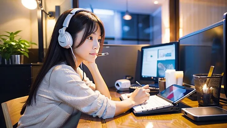 A cute Japanese girl studying or working at her desk、relax、night、Real、focusing、Gentle feeling、wearing headphones、Side view、LO-FI photos、窓の質はnightの街、2 a.m.、Straightening of the back、Looking down and writing notes