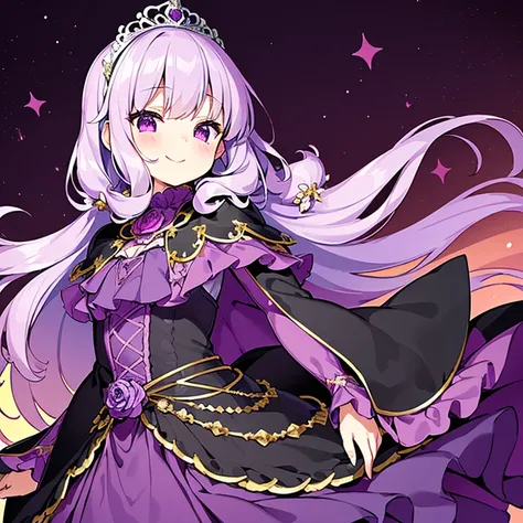 (kawaii),(best quality),(ultra detailed), upper body,(rococo style),(long train dark violet cape:1.15), very long cape,(long train dark violet ball gown with flower decorations), a girl is wearing a cape over her gown, 1 little princess, tiara, smile, smal...