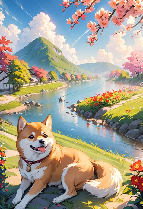 Imagine a lovely and cheerful scene.: Shiba Inu is sitting in front of the river 