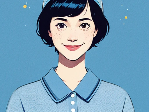 blue headgear,freckles,Blue clothes,Gray Eyes,Black Hair,Very Short Hair,smile,The background is outer space,Loose Shot,An illustration,Retro,intellectual,woman,