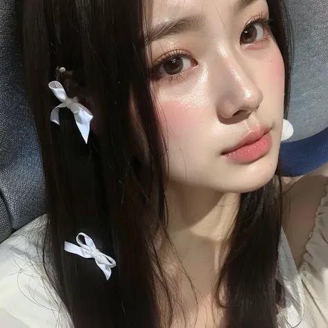 there is a woman with long hair and a pair of hair clips, wan adorable korean face, 8k selfie photograph, ulzzang, with cute - fine - face, young adorable korean face, jaeyeon nam, tzuyu from twice, very pretty face, lovely delicate face, clear cute face, ...