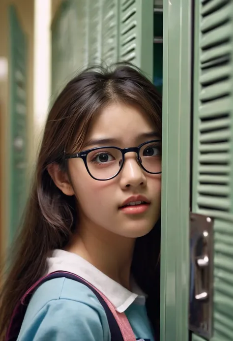 (high resolution:1.2),ultra-detailed,realistic,teenage girl wearing nerdy glasses and having acne,she is discreetly concealing herself behind a school locker,curiously glancing at her crush, who is wearing a basketball jersey and appearing incredibly attra...