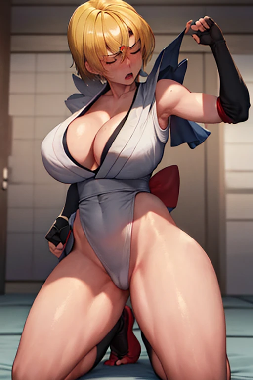 masterpiece, best quality, beautiful art, high resolution, well formed hands, body and fingers, 1 woman, solo, Sailor Moon, blonde, pigtails. adult, grown up , big breasted, cleavage, full body, wearing a Iroha Samurai Shodown outfit, maid, hair ornament, ...