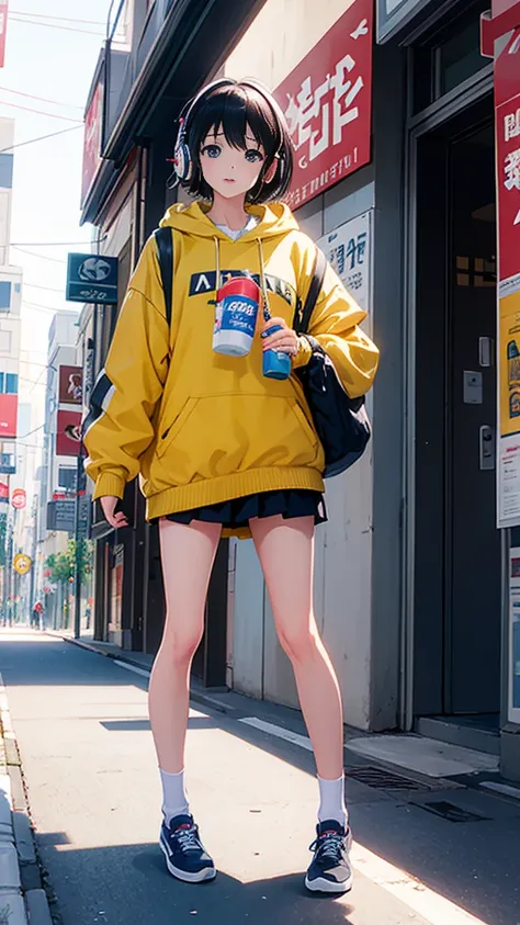 (masterpiece), (highest quality:1.4), (Ultra-high resolution:1.2),  Highly detailed background, (unity 8k wallpaper), Cute high school girl wearing headphones walking through the streets of Tokyo。Illustrations inspired by city pop culture、、Wear loose socks...