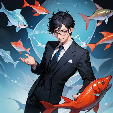 1 Male, 32 years old, young, Black Hair, all back, Glasses, Black suit, Blue tie with small fish pattern, Biology Teacher, Science Teacher, School teacher, cool, cute, kind, smile, high resolution, high quality