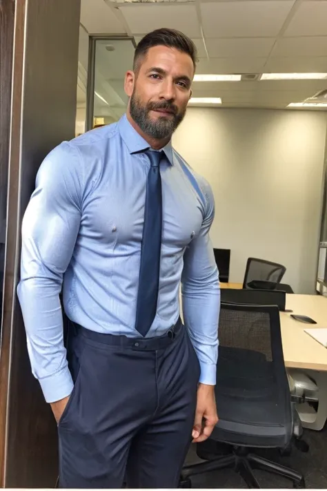 there is a man in a blue shirt and tie standing in an office, bearded and built, masculine and strong, masculine and handsome, strong and imposing, (sfw) safe for work, 45 years old men, ready for a meeting, very beautiful. big muscles, strong masculine fe...