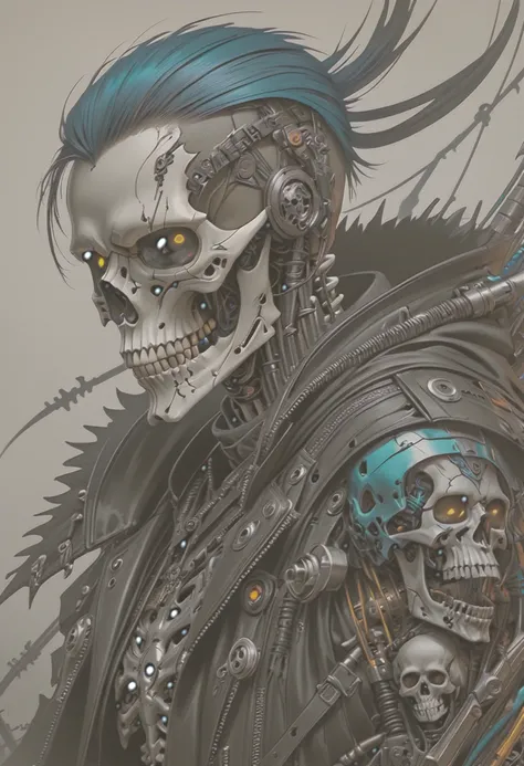 a close up of a person with a skull on their shoulder, fantasy skull, cyberpunk skeleton, amazing portrait of viego, scary detailed art in color, punk grim reaper, cyborg necromancer, great digital art with details, style of simon bisley, undead skeleton k...