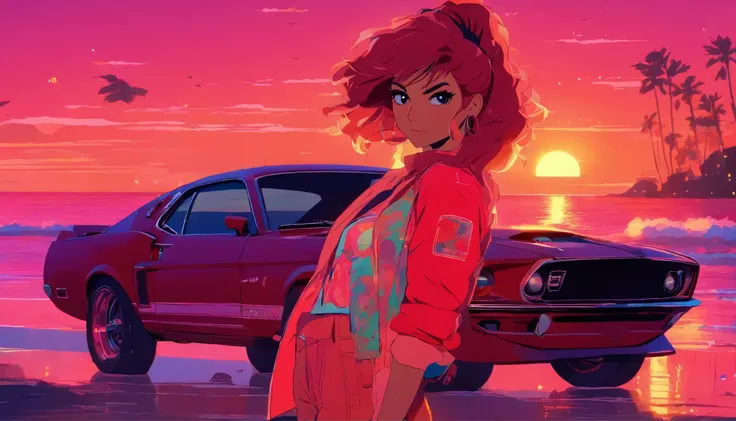 2d anime style, a red-haired woman in casual clothes stands next to her 1969 Mustang in a beach setting in the background with a sunset, image inspired by synthwave style, highly detailed and intricate details, pastel colors, image with a cinematic style, ...