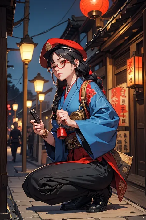 City of night,girl, Fantasy, An illustration, Showa Era, White Hair Girl, Red eyes, blue beret,Red spider lily,steampunk,Japan,Red Eyes,bob hair,evening,nightclub market,Character portrait,Small people,Real,Light,stall,full body,character,soldier,Navy blue...