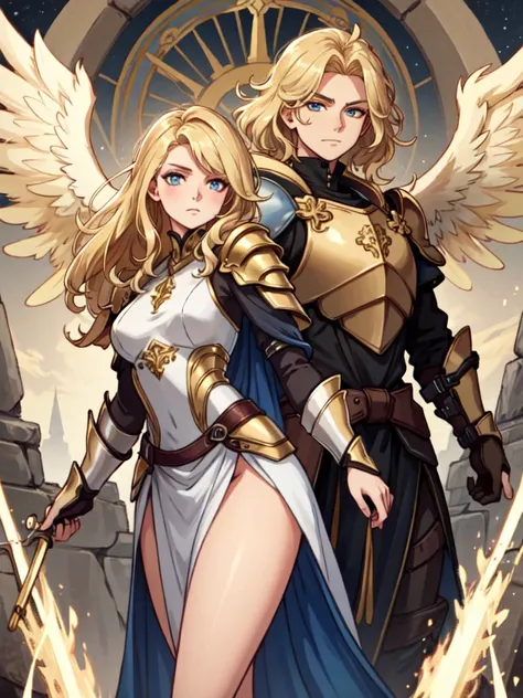 angel, long hair, armor, wings, beautiful, sexy, blue eyes, golden hair, blonde hair, golden blonde hair, skirt