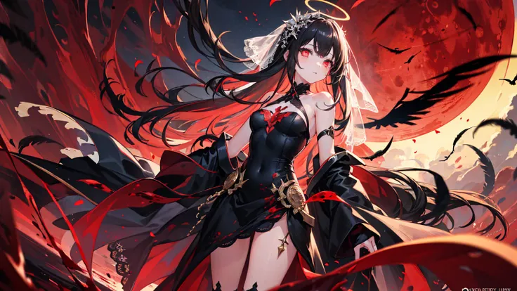 A girl，masterpiece, Top quality, Very detailed, Unity 8K Wallpaper，Standing，Medium chest，Black long hair，Girl，Black Strapless Lace High Slit Silk Wedding Dress，Black veil on chest，Black knee socks，Black feathers floating in the air，Blood-red thorn halo，Lon...