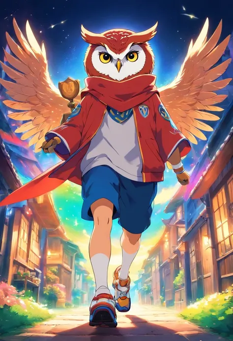 Make an owl using very magical colorful clothes for a logo of a very magical athlete with powers 