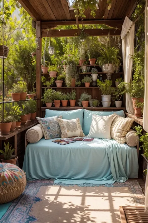 create a realistic image that looks like a photograph, a close up of a patio with a lot of pillows and plants, cottagecore hippie, adorned with all kind of plants, hippie pad, plants and patio, cozy place, afternoon hangout, full of colour, beautiful terra...