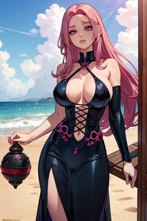 A pink haired woman with violet eyes with an hourglass figure is posing with a red haired woman with red eyes with a hourglass figure at the beach