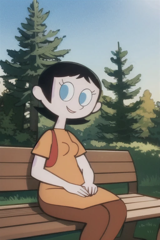 Ms Keane,short black hair, blue eyes,orange dress, red vest, brown leggings, short sleeves, looking at viewer, serious, smiling, sitting, on bench, outside, park, trees, winter, blue sky, high quality, masterpiece, cartoon style