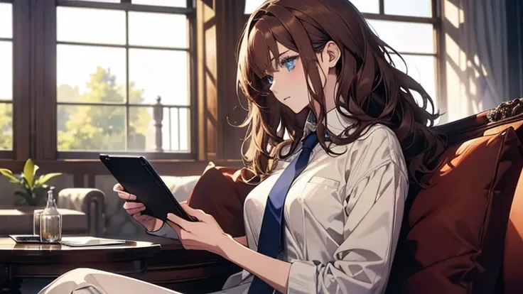 (Confused, High resolution, Very detailed), 1 female, Adult,beautiful, Bright Blue Eyes, brown hair, Wavy medium hair,suit,tie,secretary,Adult woman,30th generation,quiet,thin,pale,thin,suit,Touching a tablet on the sofa,
