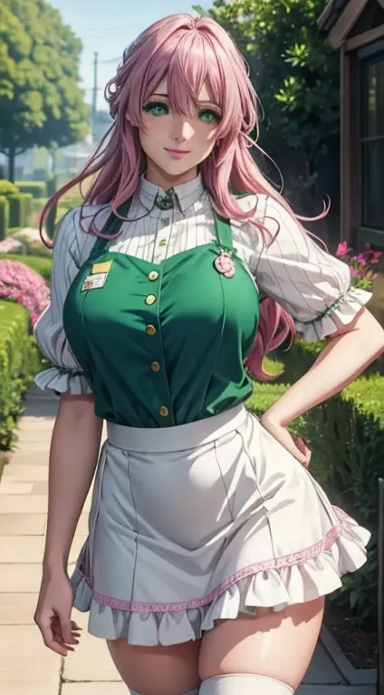 cute girl, big breasts , long open hair, green colour clothes, white apron, green eyes and pink hair, short skirt, ultra realist...