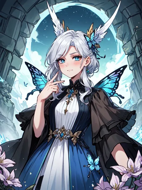 a vision of fey beauty, with androgynous features framed by cascading silver hair adorned with delicate flowers and shimmering butterfly wings that flutter behind him. His eyes hold a mischievous sparkle, reflecting the ever-changing hues of the enchanted ...